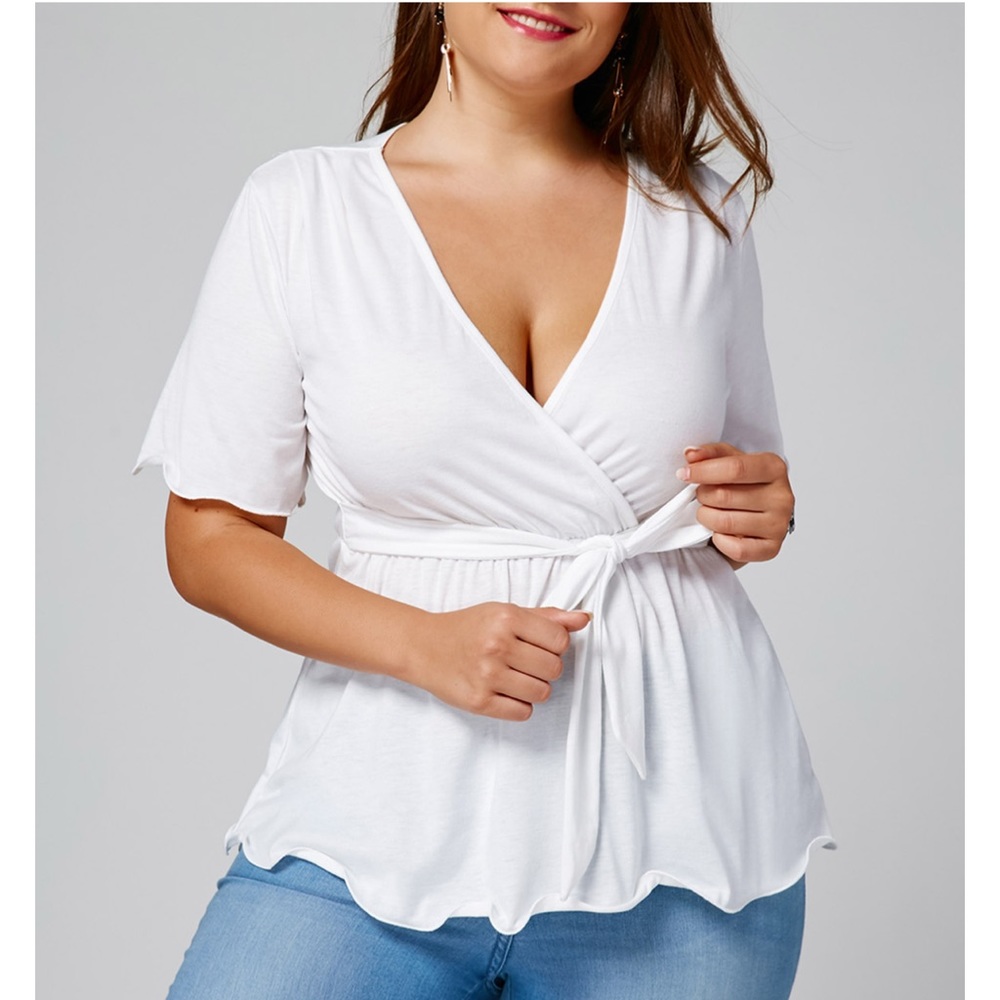 Plus Size Empire Waist Belted Surplice Blouse